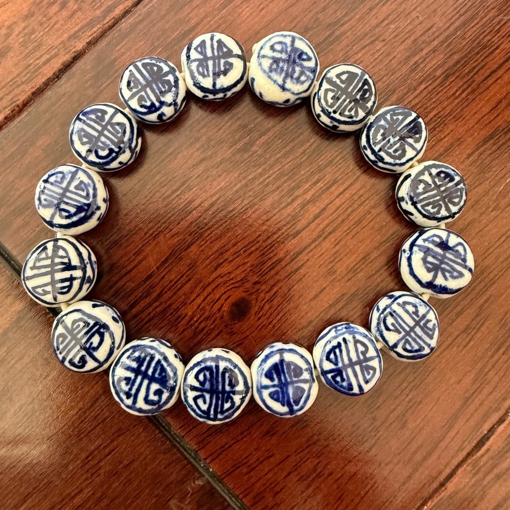 Vintage Chinese Porcelain Shou Longevity Bead Bracelet Blue White Chinoiserie